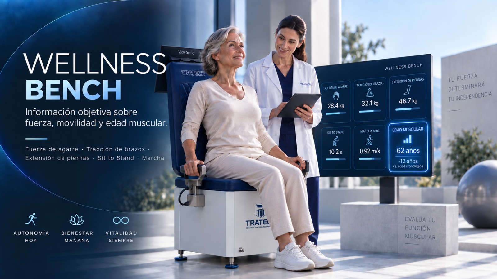 Persona mayor evaluando su edad muscular en Wellness Bench junto a una profesional sanitaria